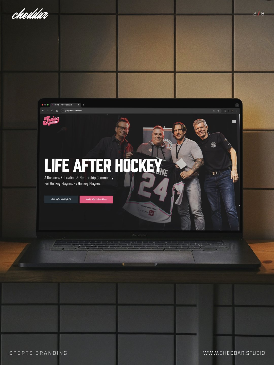 Juicy Rebounds website displayed on a MacBook Pro showcasing a sports branding and entrepreneurship platform for former hockey players